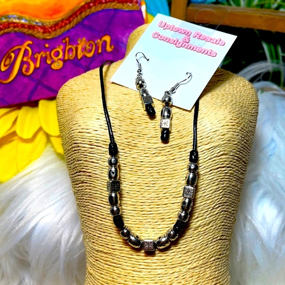 2 pc set Brighton necklace & earrings lot black onyx leather - Picture 2 of 8